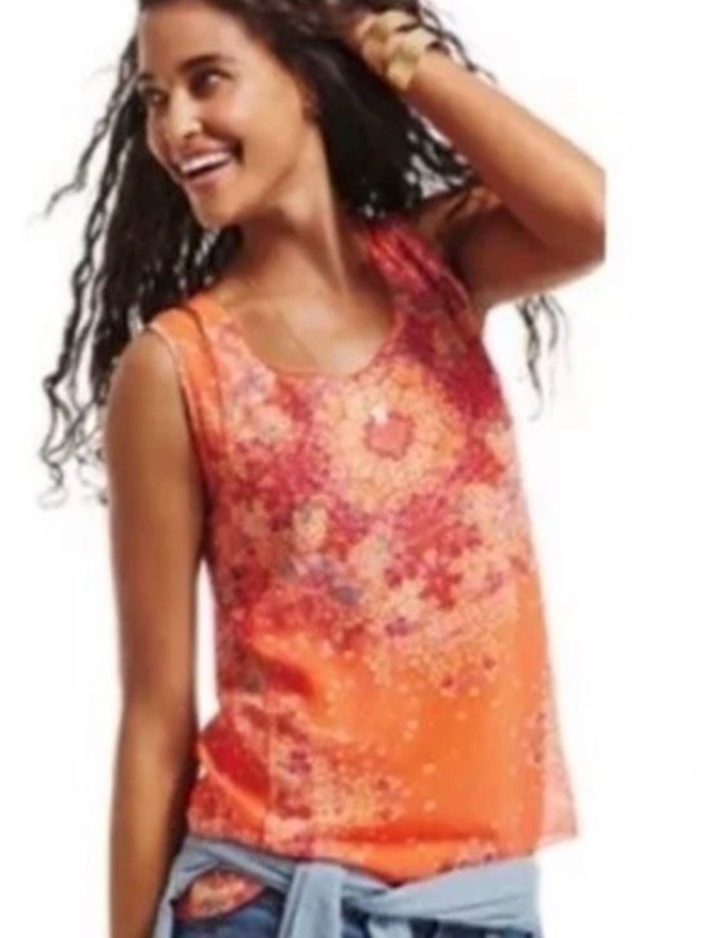 Cabi Merrow Edge Sleeveless Orange Floral Print Tank Top Large